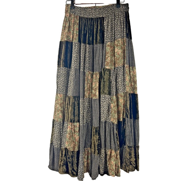 Dark Patchwork Extra Full Maxi Skirt M Velvet Brown Green Boho Festival Cottage - Picture 1 of 8